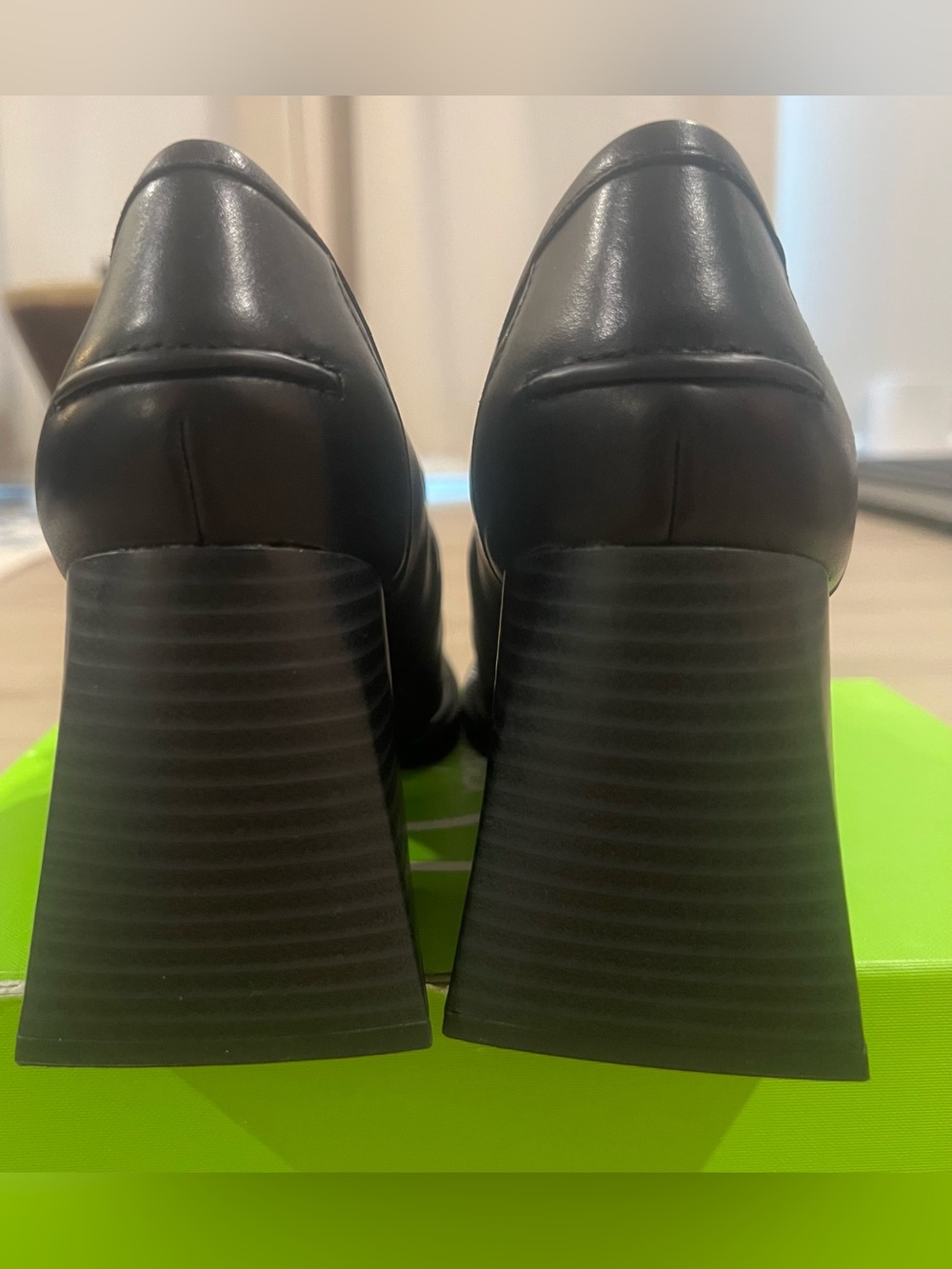 Sam Edelman Black Leather Fringe Loafer Block Heels with Gold Accent - Picture 6 of 9
